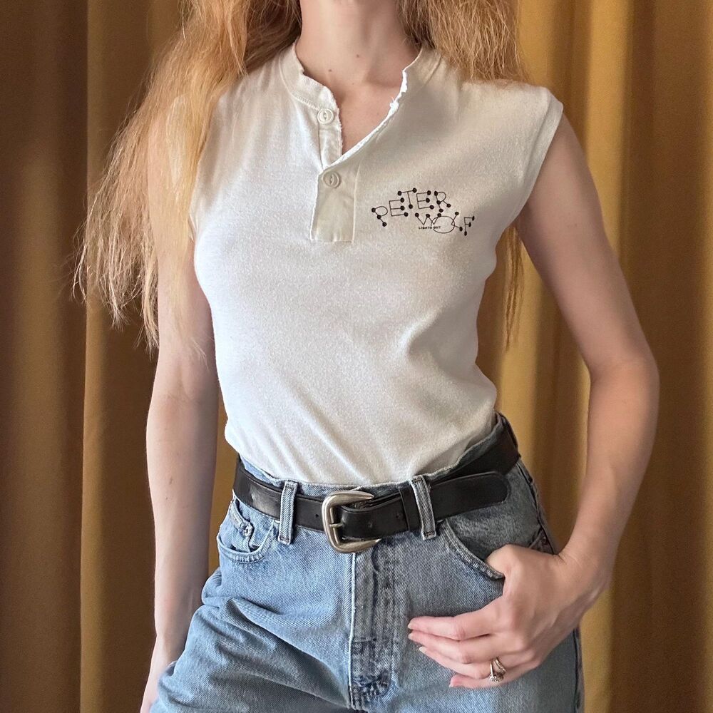 Vintage 1980s Peter Wolf White Henley Top, Sleeveless Knit Tank Top